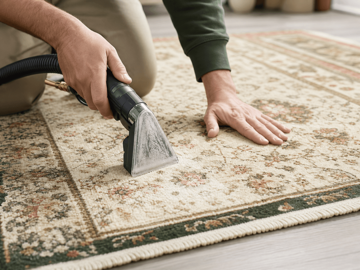 Professional carefully cleaning a patterned residential area rug