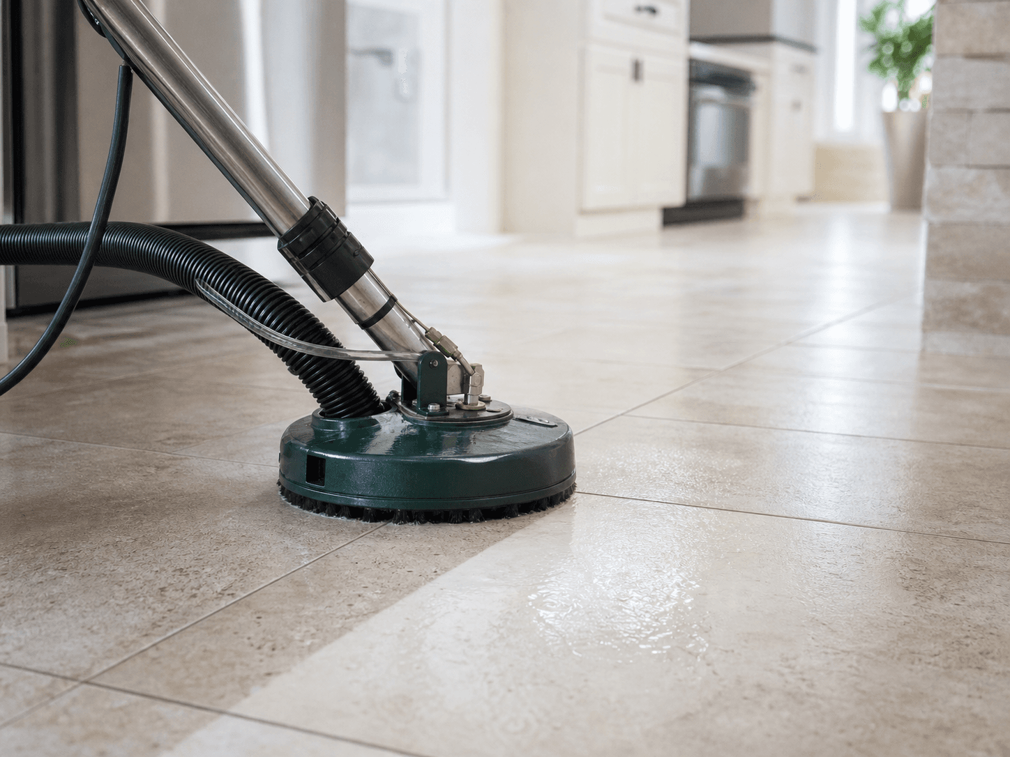 Professional rotary equipment cleaning pale kitchen tile and grout