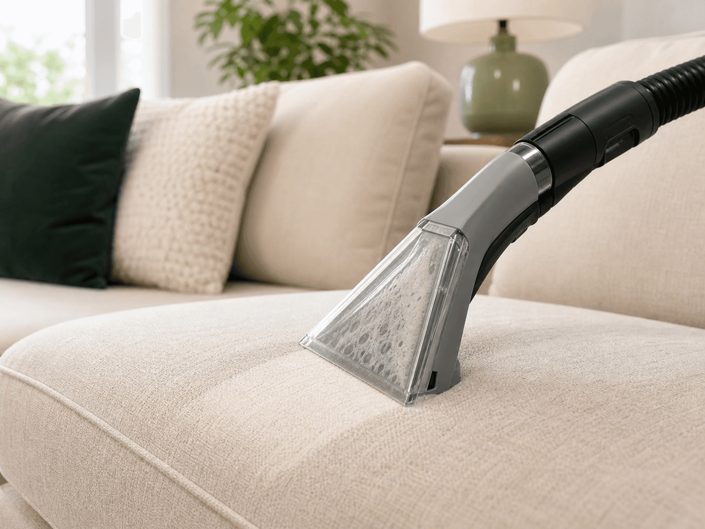 Professional upholstery tool cleaning a cream sofa cushion